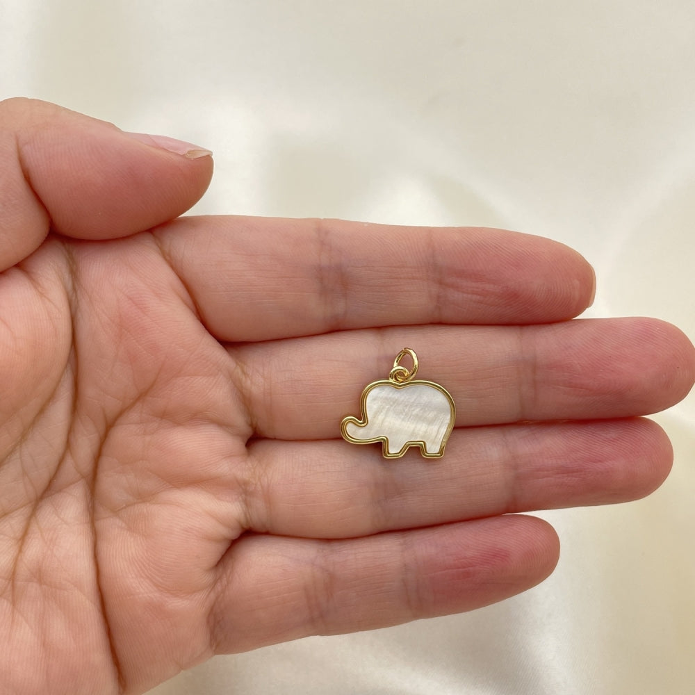 Oro Laminado Fancy Pendant, Gold Filled Style Elephant Design, with White Mother of Pearl, Polished, Golden Finish