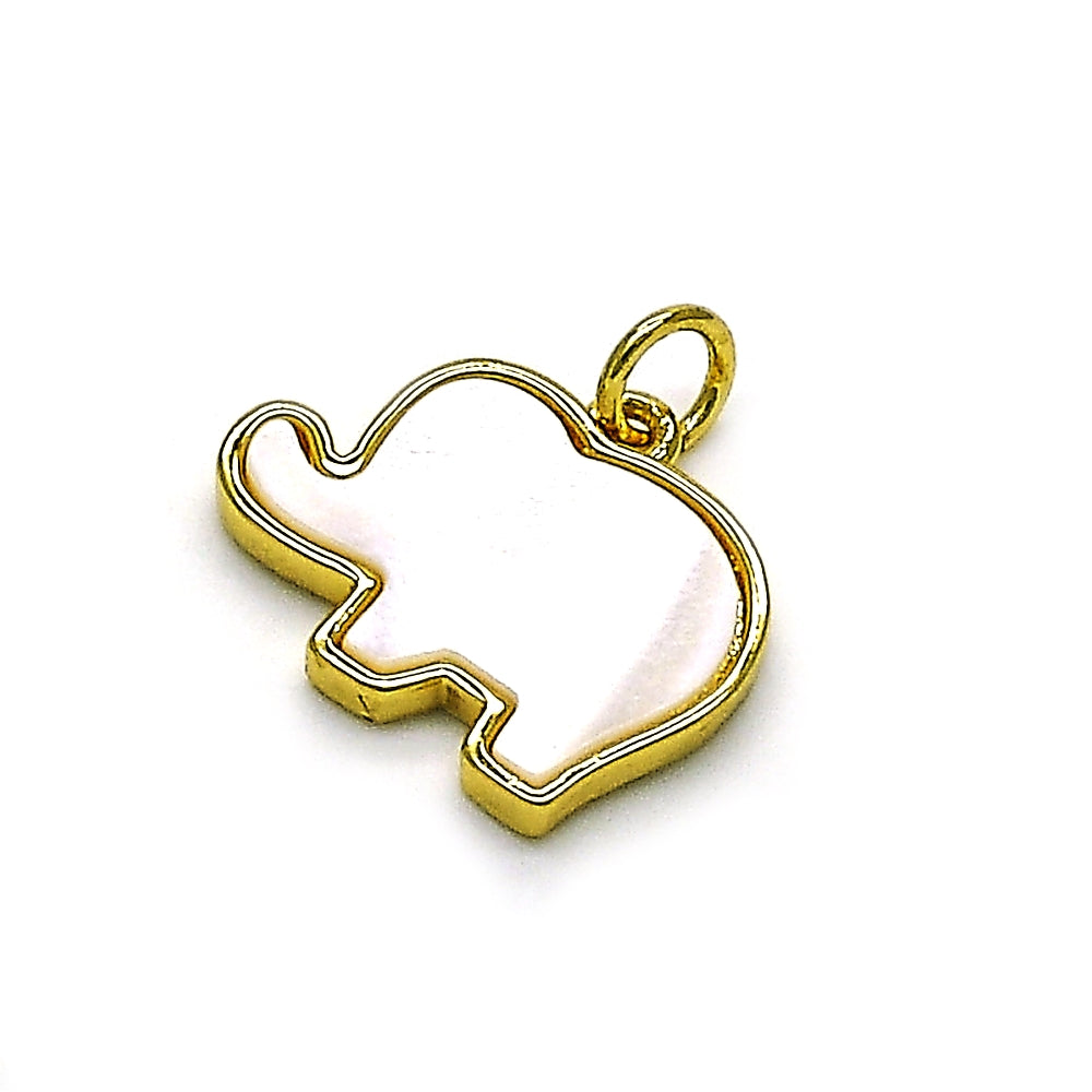 Oro Laminado Fancy Pendant, Gold Filled Style Elephant Design, with White Mother of Pearl, Polished, Golden Finish