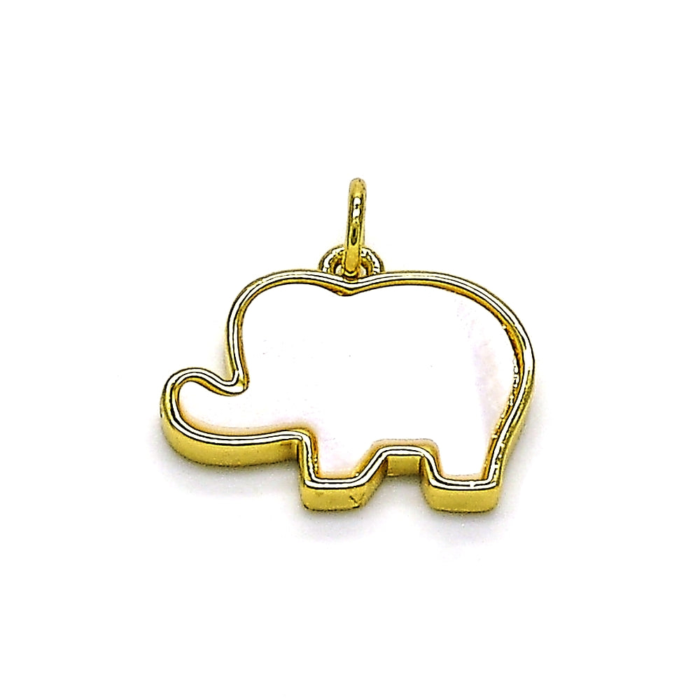Oro Laminado Fancy Pendant, Gold Filled Style Elephant Design, with White Mother of Pearl, Polished, Golden Finish