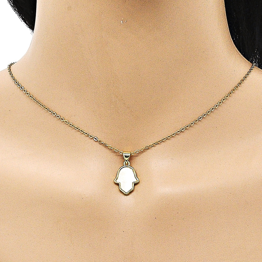 Oro Laminado Fancy Pendant, Gold Filled Style Judaica and Hand of God Design, with White Mother of Pearl, Polished, Golden Finish