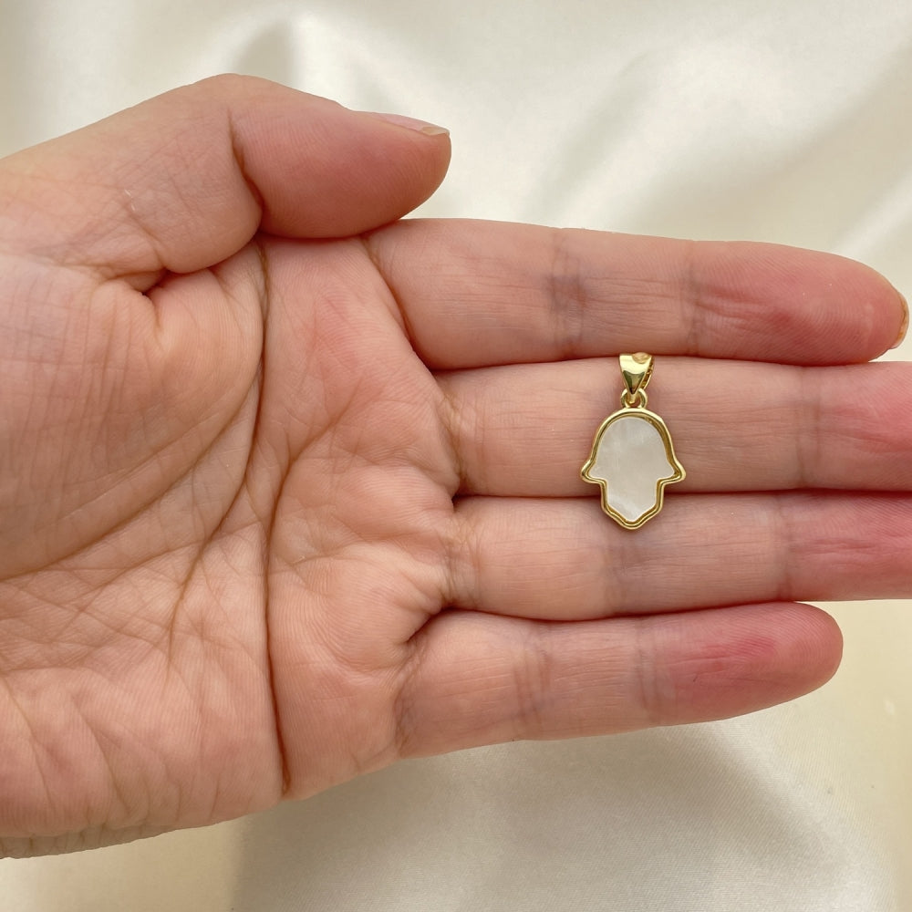 Oro Laminado Fancy Pendant, Gold Filled Style Judaica and Hand of God Design, with White Mother of Pearl, Polished, Golden Finish