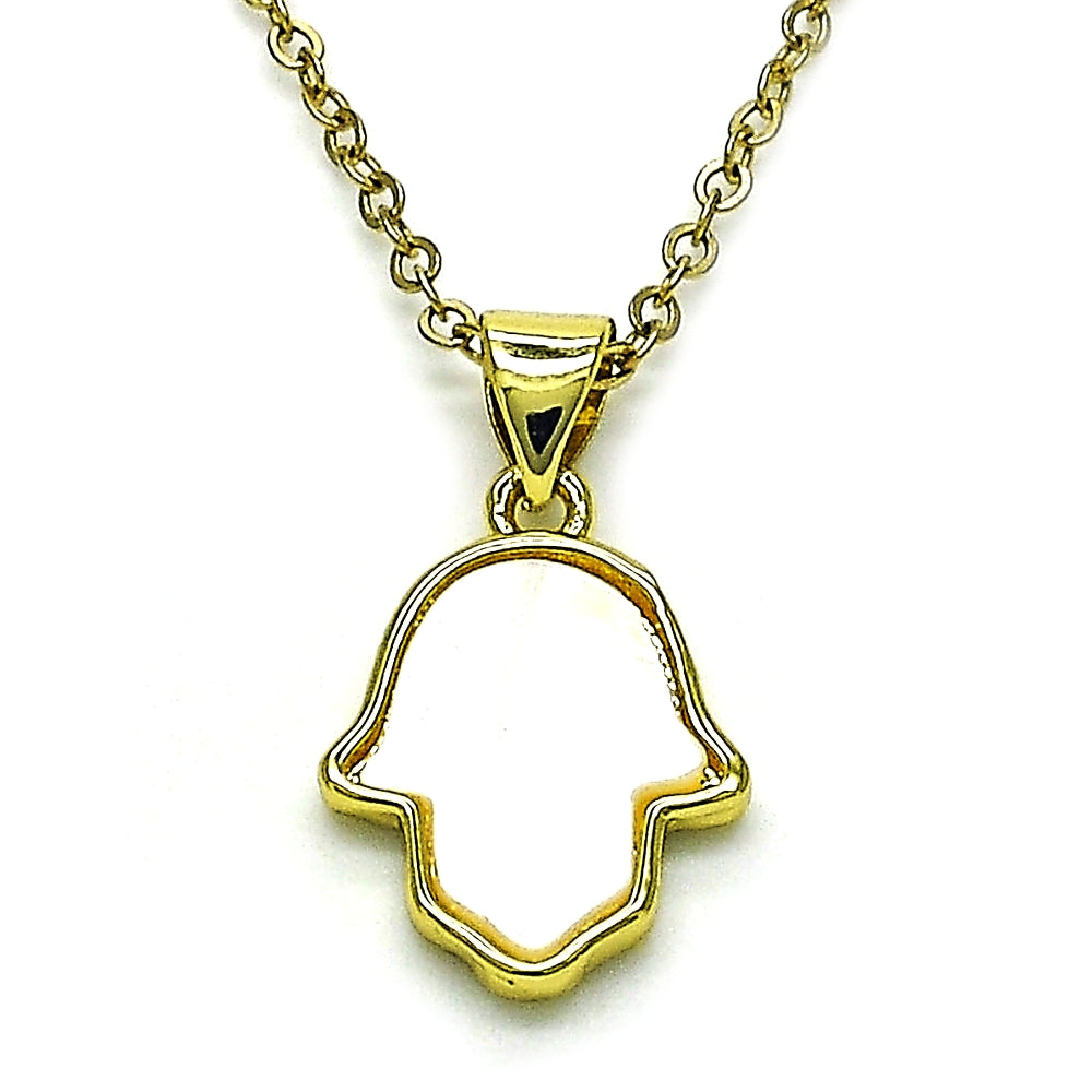 Oro Laminado Fancy Pendant, Gold Filled Style Judaica and Hand of God Design, with White Mother of Pearl, Polished, Golden Finish
