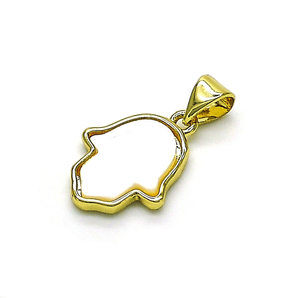 Oro Laminado Fancy Pendant, Gold Filled Style Judaica and Hand of God Design, with White Mother of Pearl, Polished, Golden Finish