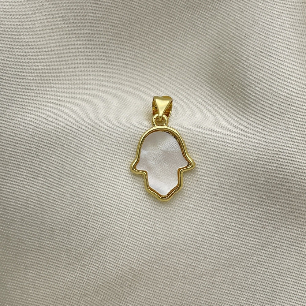 Oro Laminado Fancy Pendant, Gold Filled Style Judaica and Hand of God Design, with White Mother of Pearl, Polished, Golden Finish