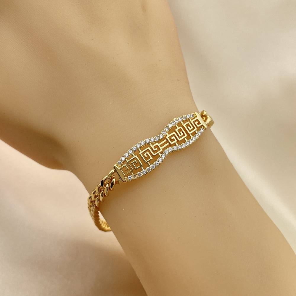 Oro Laminado Fancy Bracelet, Gold Filled Style Greek Key and Miami Cuban Design, with White Micro Pave, Polished, Golden Finish