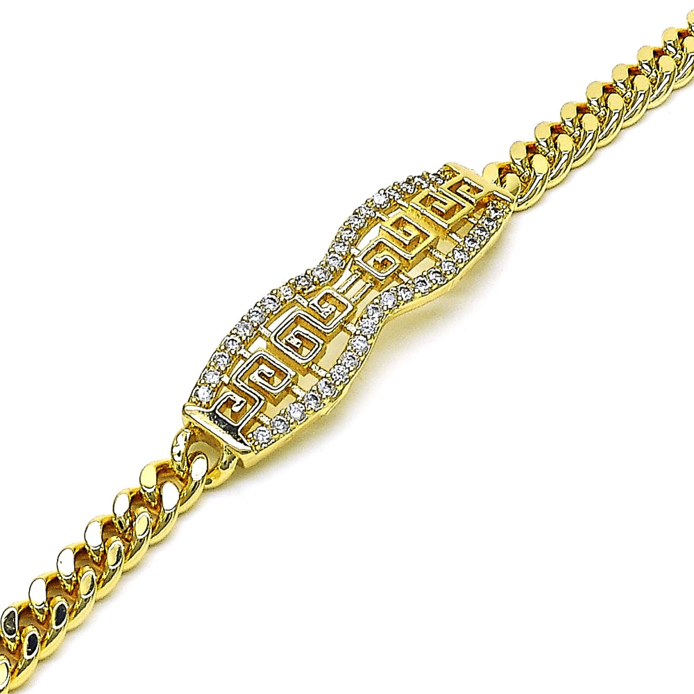 Oro Laminado Fancy Bracelet, Gold Filled Style Greek Key and Miami Cuban Design, with White Micro Pave, Polished, Golden Finish
