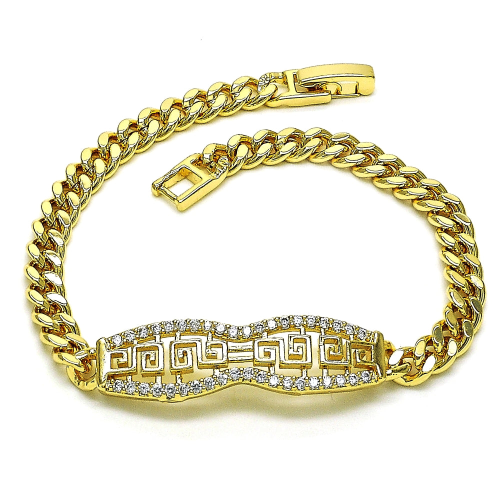 Oro Laminado Fancy Bracelet, Gold Filled Style Greek Key and Miami Cuban Design, with White Micro Pave, Polished, Golden Finish