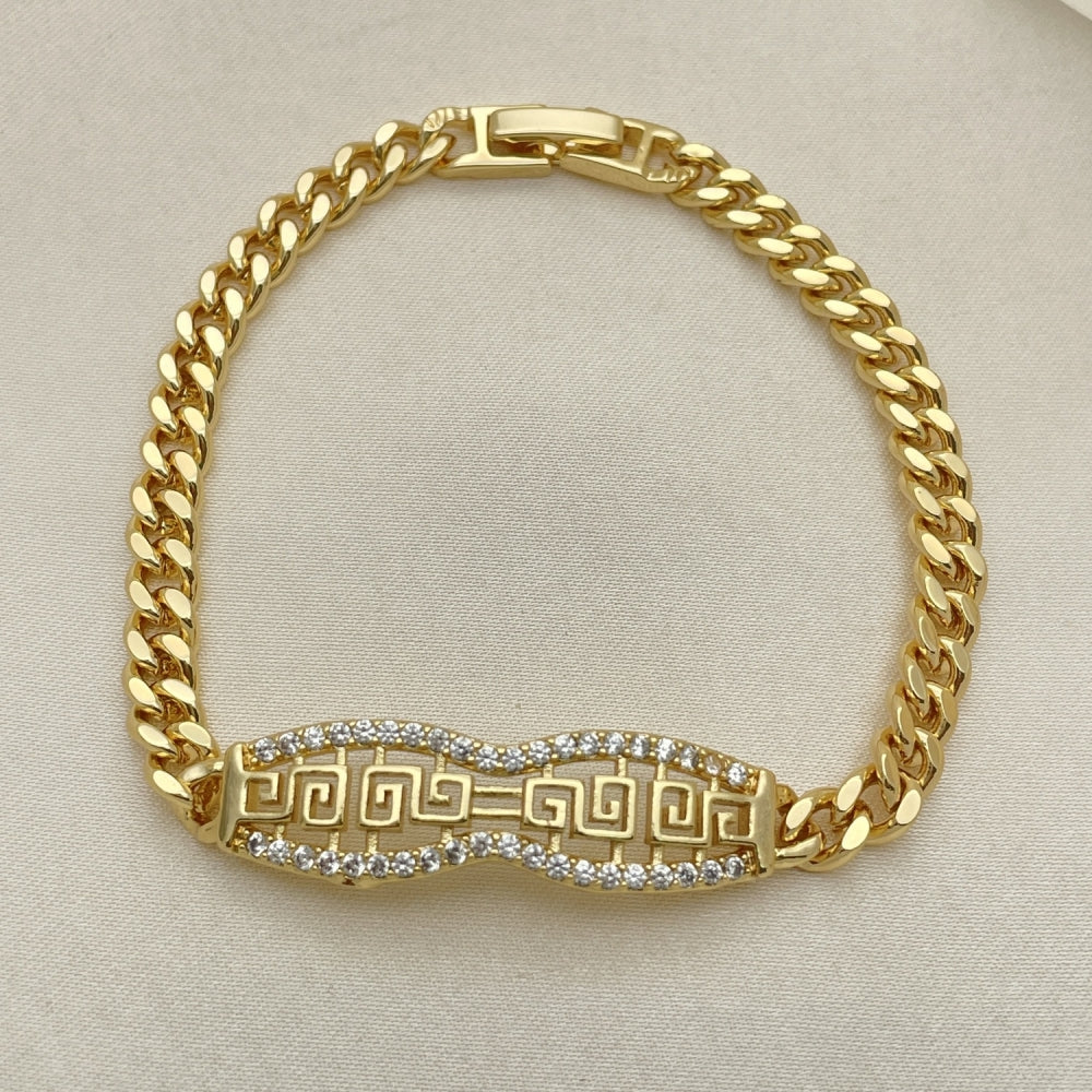 Oro Laminado Fancy Bracelet, Gold Filled Style Greek Key and Miami Cuban Design, with White Micro Pave, Polished, Golden Finish
