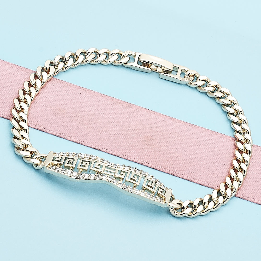 Oro Laminado Fancy Bracelet, Gold Filled Style Greek Key and Miami Cuban Design, with White Micro Pave, Polished, Golden Finish