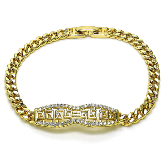 Oro Laminado Fancy Bracelet, Gold Filled Style Greek Key and Miami Cuban Design, with White Micro Pave, Polished, Golden Finish