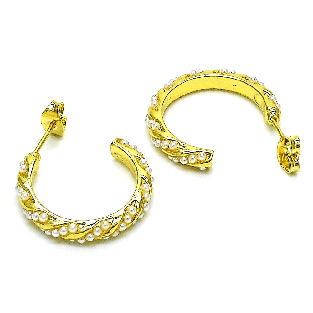Oro Laminado Stud Earring, Gold Filled Style Twist Design, with Ivory Pearl, Polished, Golden Finish