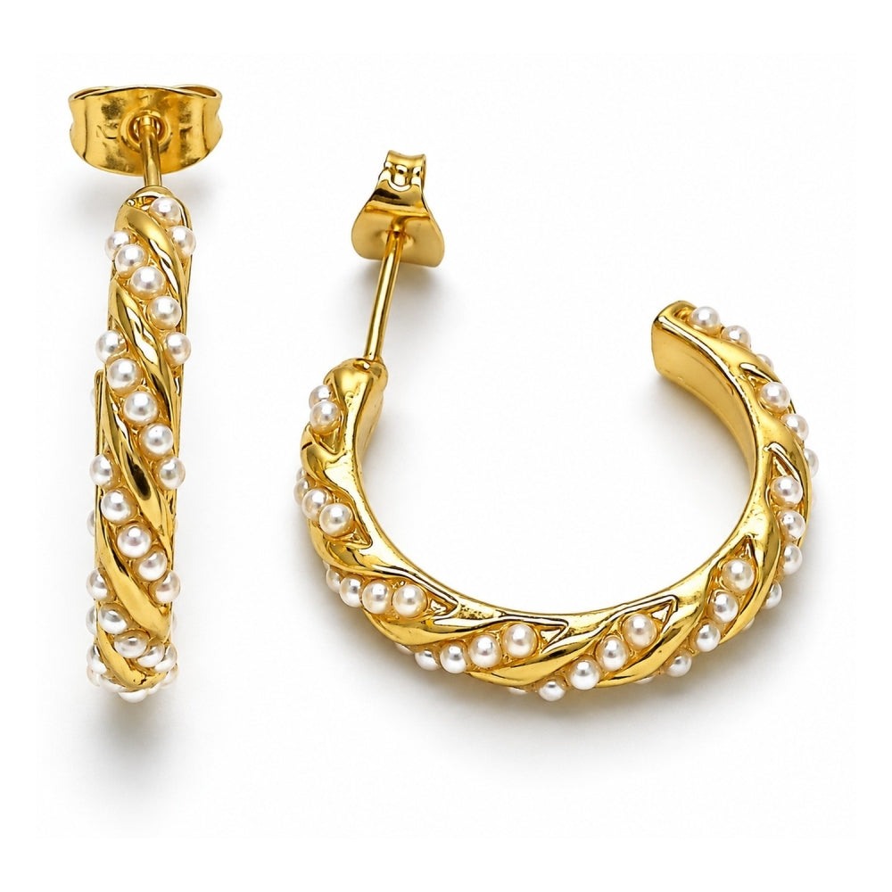 Oro Laminado Stud Earring, Gold Filled Style Twist Design, with Ivory Pearl, Polished, Golden Finish