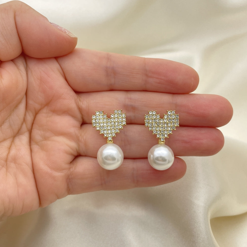Oro Laminado Stud Earring, Gold Filled Style Heart Design, with Ivory Pearl and Crystal Crystal, Polished, Golden Finish