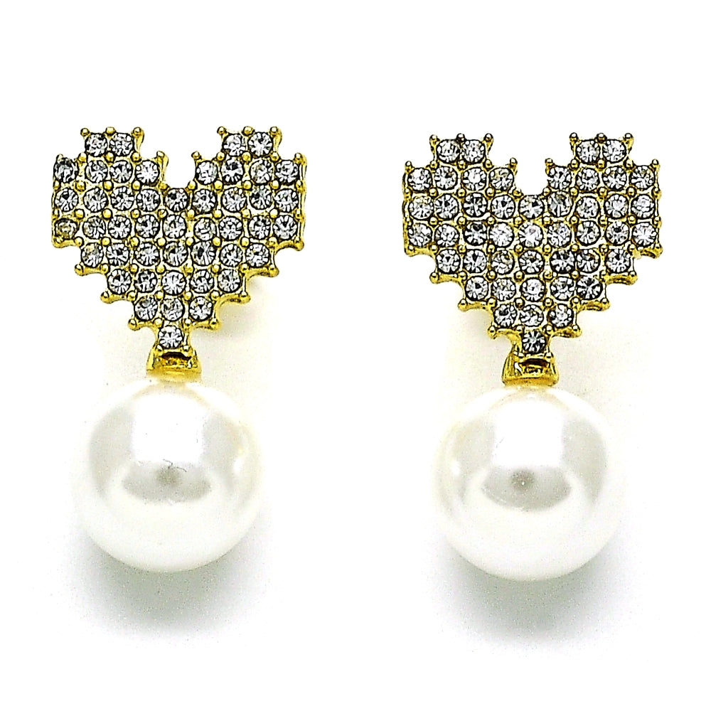 Oro Laminado Stud Earring, Gold Filled Style Heart Design, with Ivory Pearl and Crystal Crystal, Polished, Golden Finish
