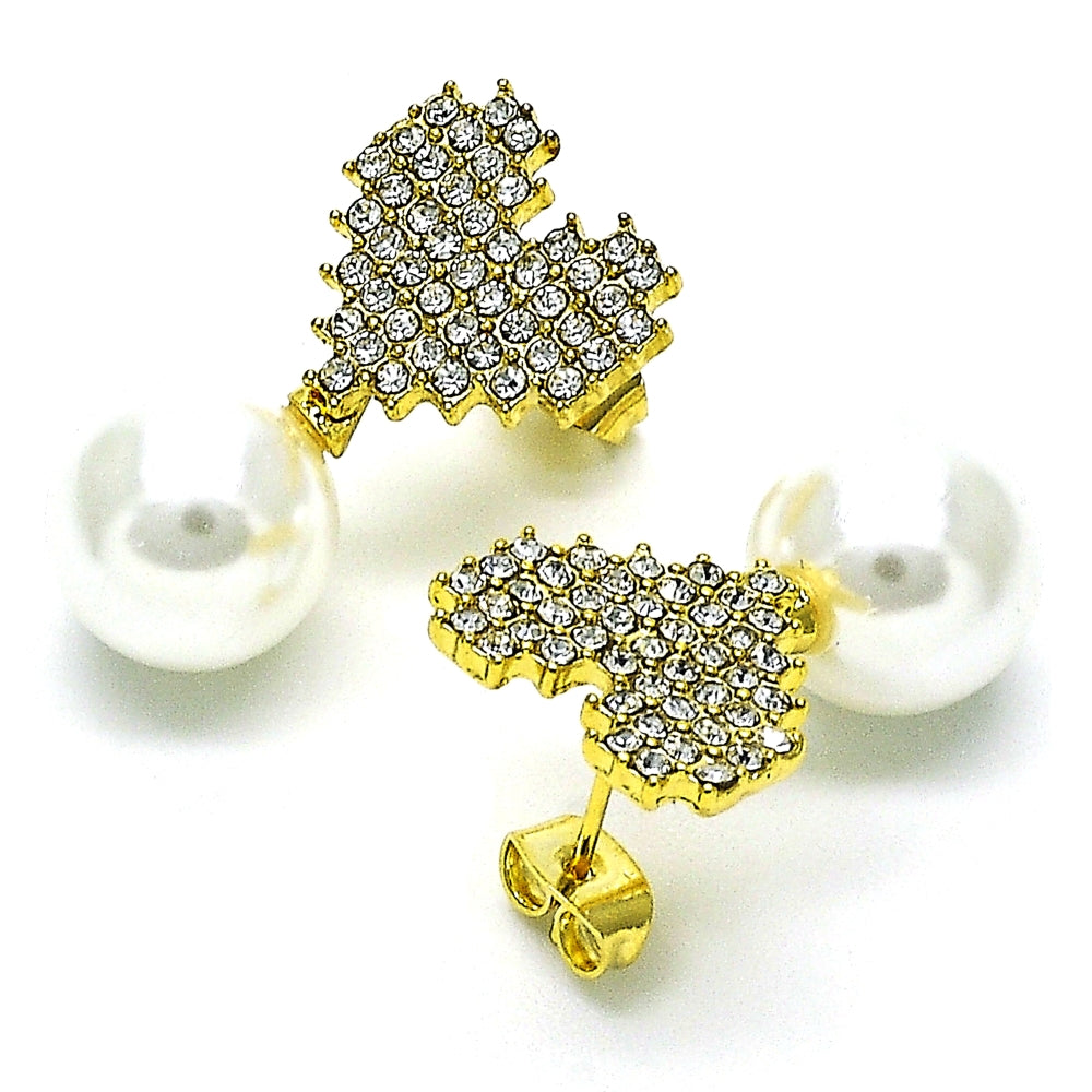 Oro Laminado Stud Earring, Gold Filled Style Heart Design, with Ivory Pearl and Crystal Crystal, Polished, Golden Finish