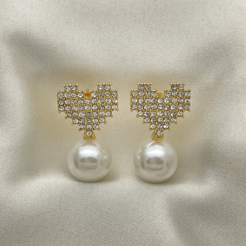 Oro Laminado Stud Earring, Gold Filled Style Heart Design, with Ivory Pearl and Crystal Crystal, Polished, Golden Finish