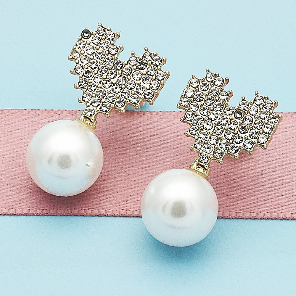 Oro Laminado Stud Earring, Gold Filled Style Heart Design, with Ivory Pearl and Crystal Crystal, Polished, Golden Finish