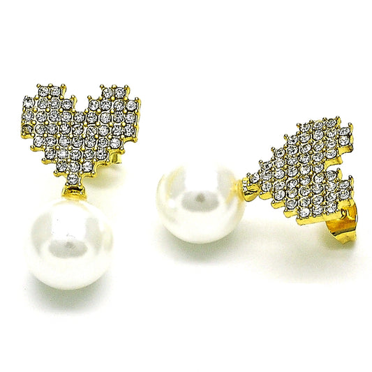 Oro Laminado Stud Earring, Gold Filled Style Heart Design, with Ivory Pearl and Crystal Crystal, Polished, Golden Finish