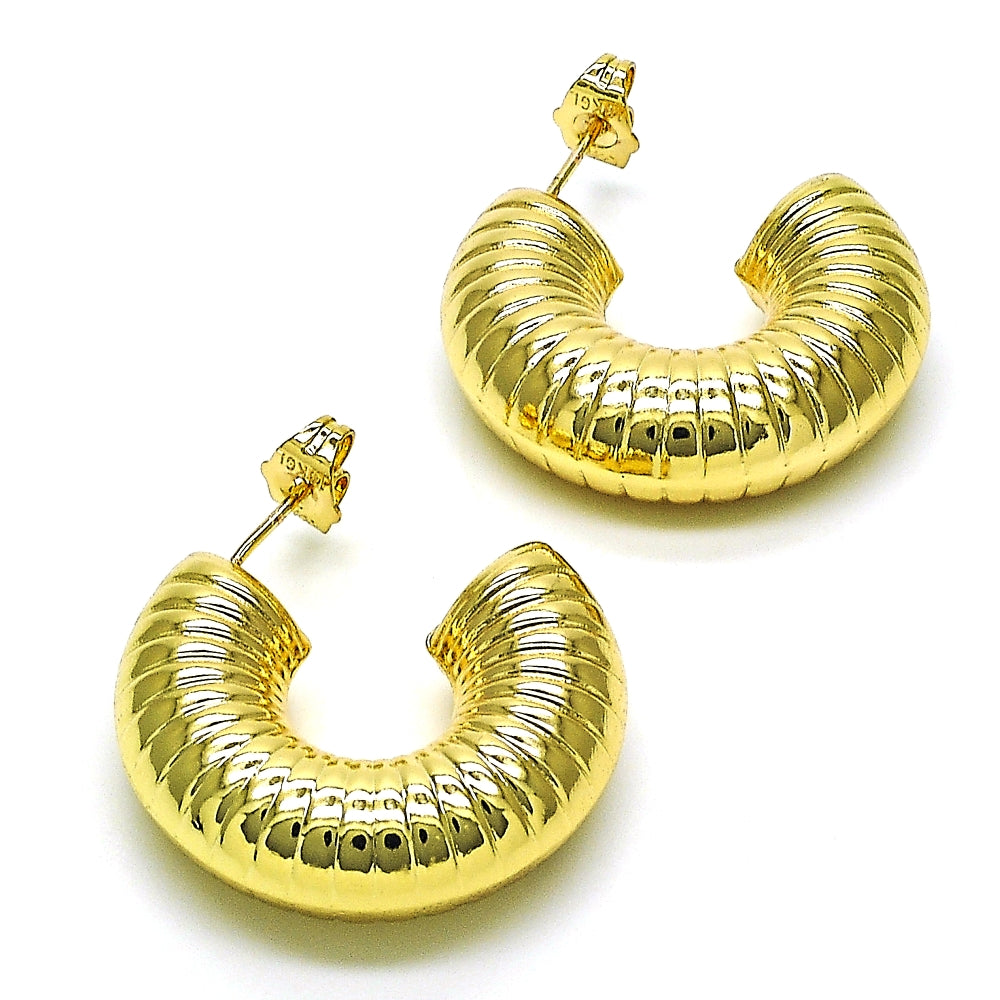 Oro Laminado Stud Earring, Gold Filled Style Hollow Design, Diamond Cutting Finish, Golden Finish