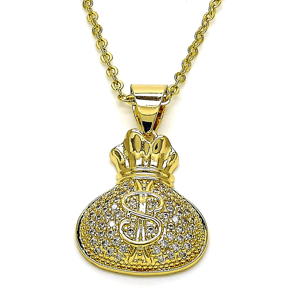 Oro Laminado Fancy Pendant, Gold Filled Style Money Sign Design, with White Micro Pave, Polished, Golden Finish