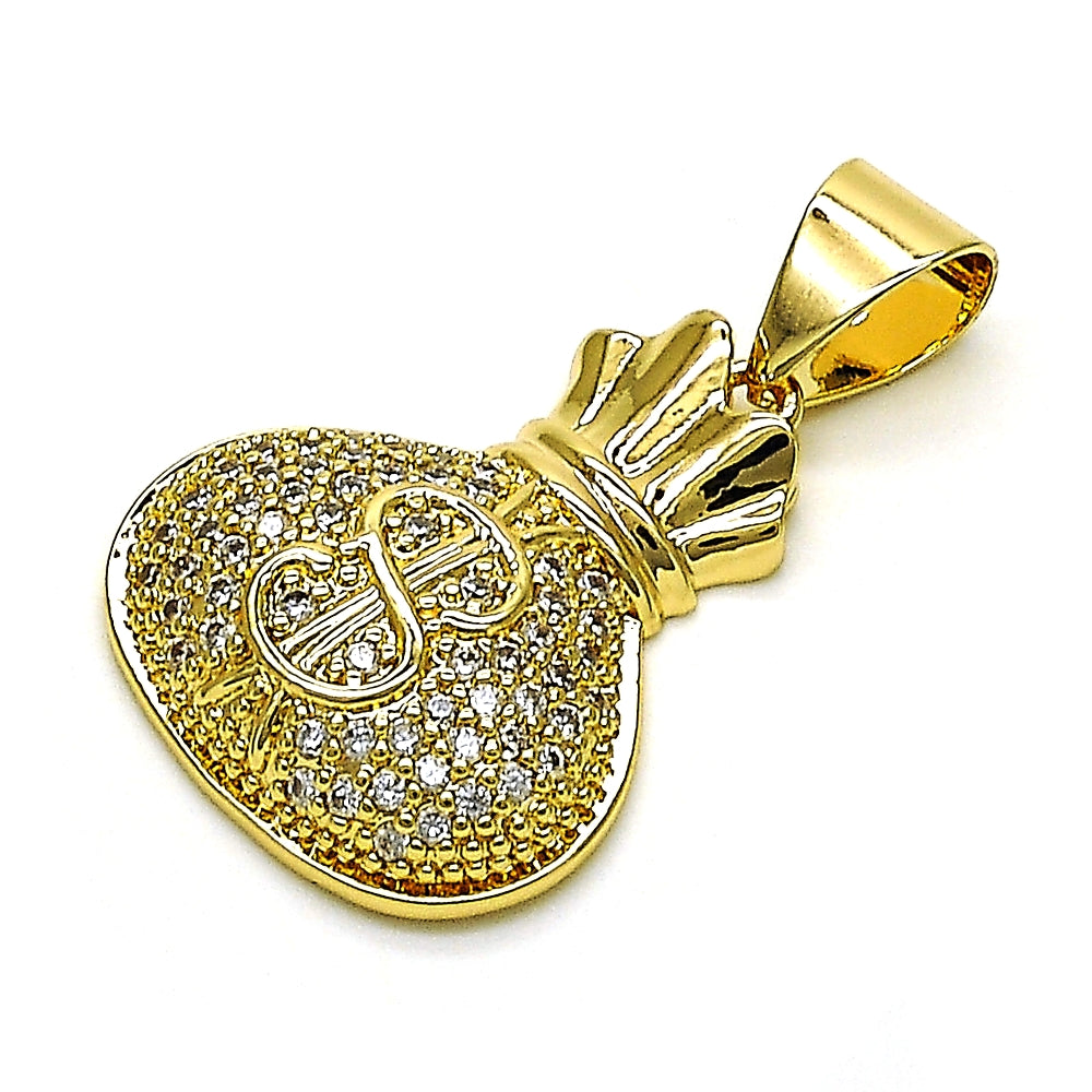 Oro Laminado Fancy Pendant, Gold Filled Style Money Sign Design, with White Micro Pave, Polished, Golden Finish