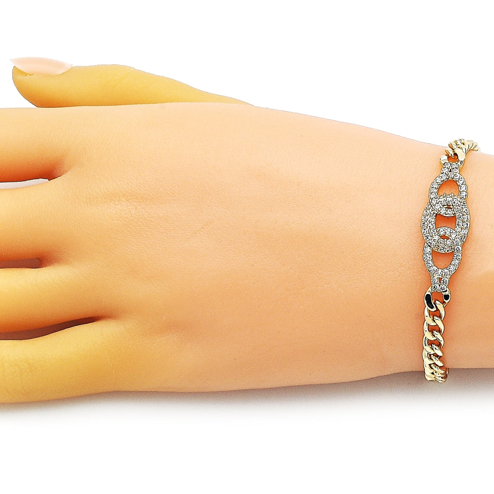 Oro Laminado Fancy Bracelet, Gold Filled Style Miami Cuban Design, with White Micro Pave, Polished, Golden Finish