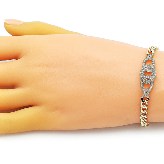 Oro Laminado Fancy Bracelet, Gold Filled Style Miami Cuban Design, with White Micro Pave, Polished, Golden Finish