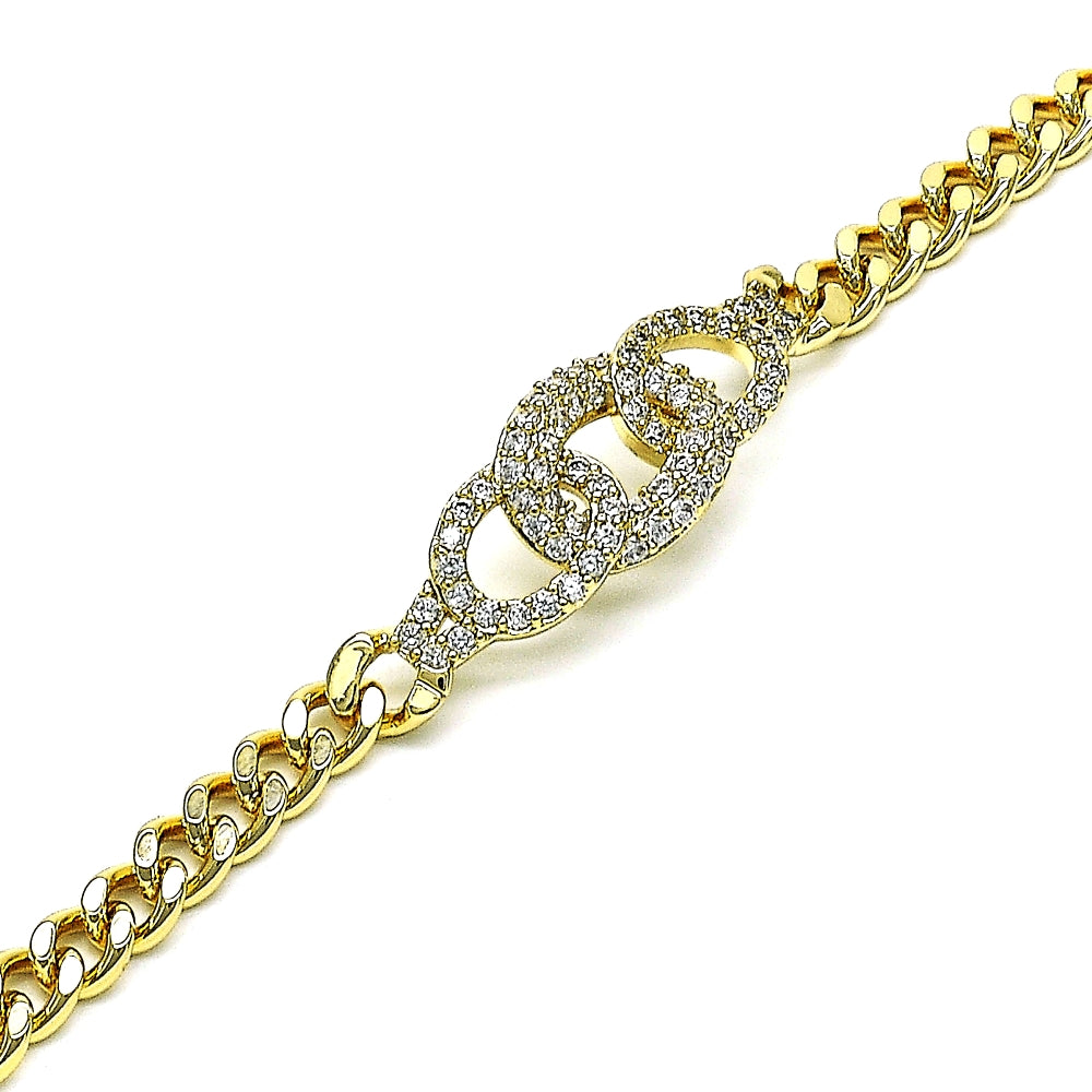 Oro Laminado Fancy Bracelet, Gold Filled Style Miami Cuban Design, with White Micro Pave, Polished, Golden Finish