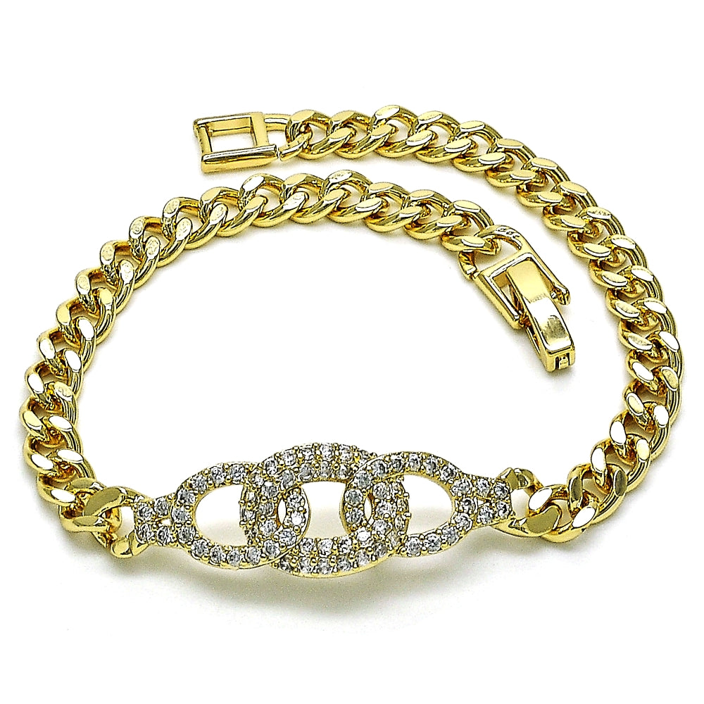 Oro Laminado Fancy Bracelet, Gold Filled Style Miami Cuban Design, with White Micro Pave, Polished, Golden Finish