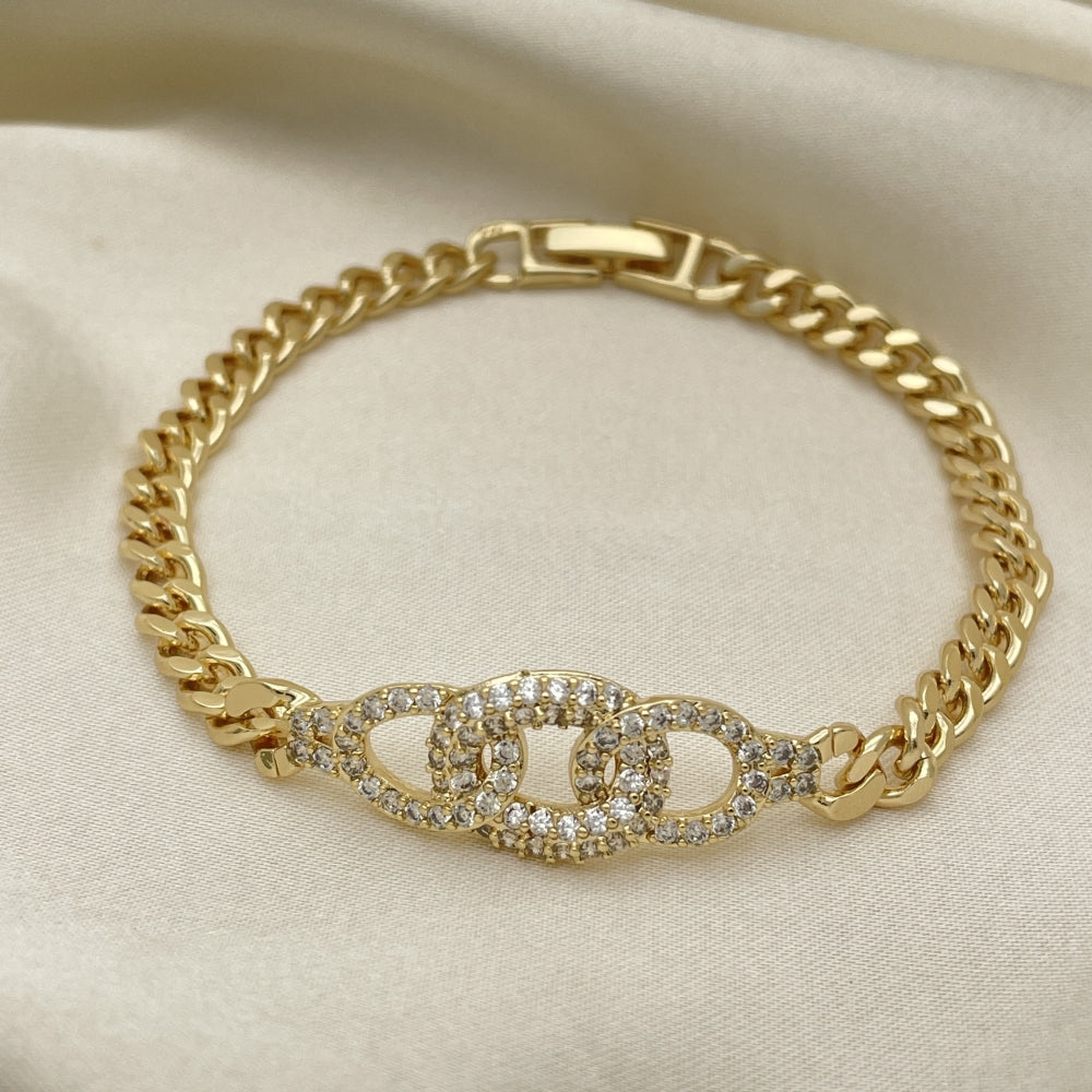 Oro Laminado Fancy Bracelet, Gold Filled Style Miami Cuban Design, with White Micro Pave, Polished, Golden Finish