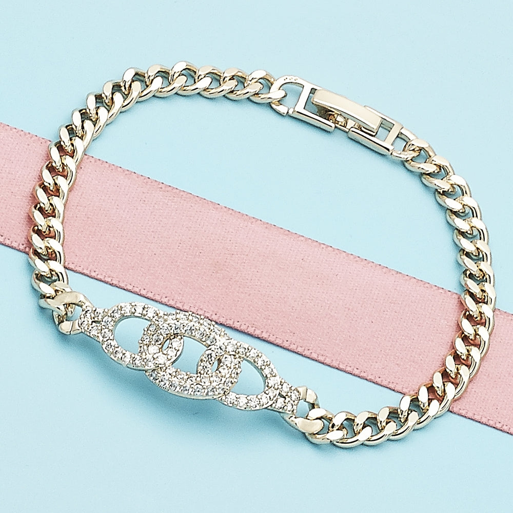 Oro Laminado Fancy Bracelet, Gold Filled Style Miami Cuban Design, with White Micro Pave, Polished, Golden Finish