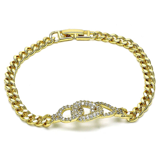 Oro Laminado Fancy Bracelet, Gold Filled Style Miami Cuban Design, with White Micro Pave, Polished, Golden Finish