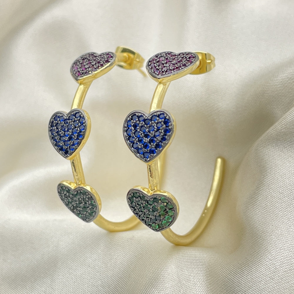 Oro Laminado Medium Hoop, Gold Filled Style Heart Design, with Multicolor Micro Pave, Polished, Two Tone