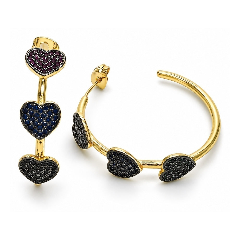 Oro Laminado Medium Hoop, Gold Filled Style Heart Design, with Multicolor Micro Pave, Polished, Two Tone