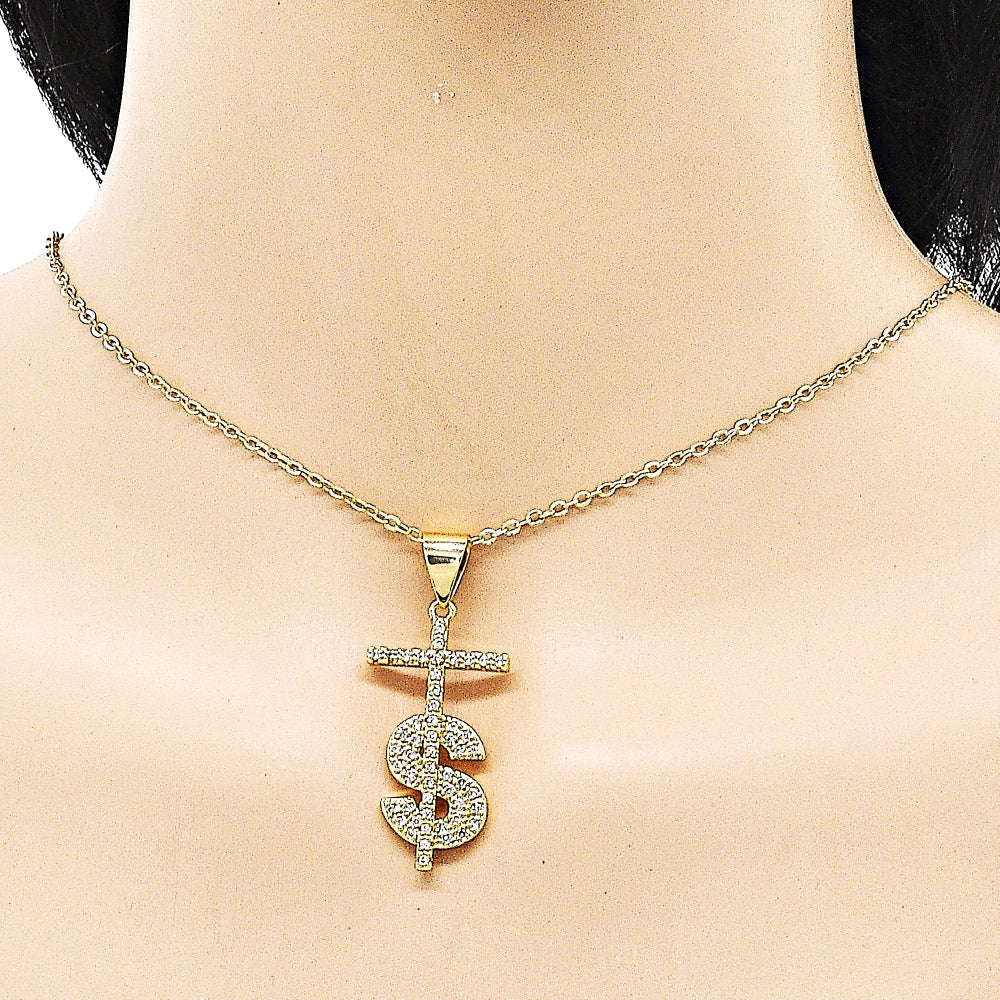 Oro Laminado Religious Pendant, Gold Filled Style Cross and Money Sign Design, with White Micro Pave, Polished, Golden Finish