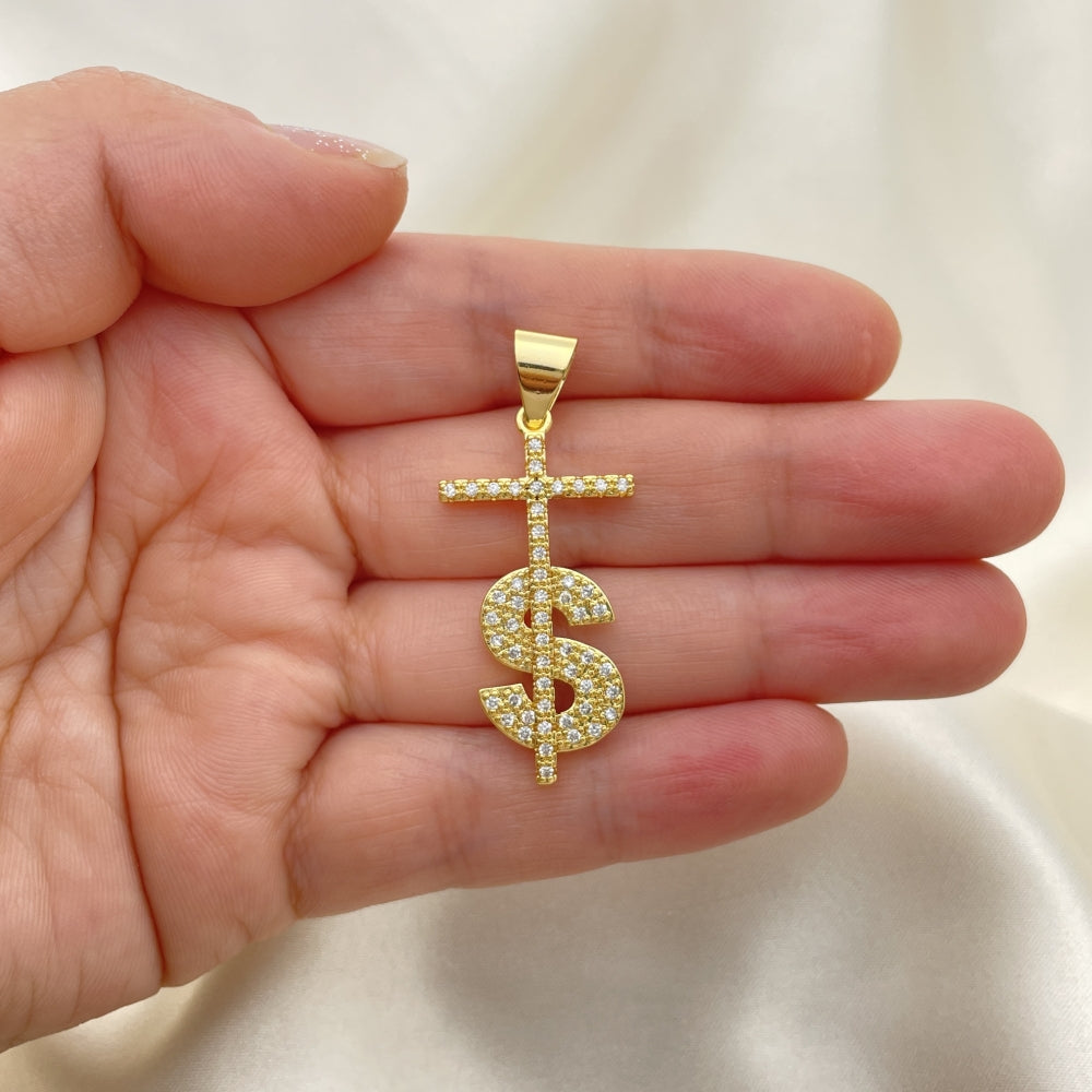 Oro Laminado Religious Pendant, Gold Filled Style Cross and Money Sign Design, with White Micro Pave, Polished, Golden Finish