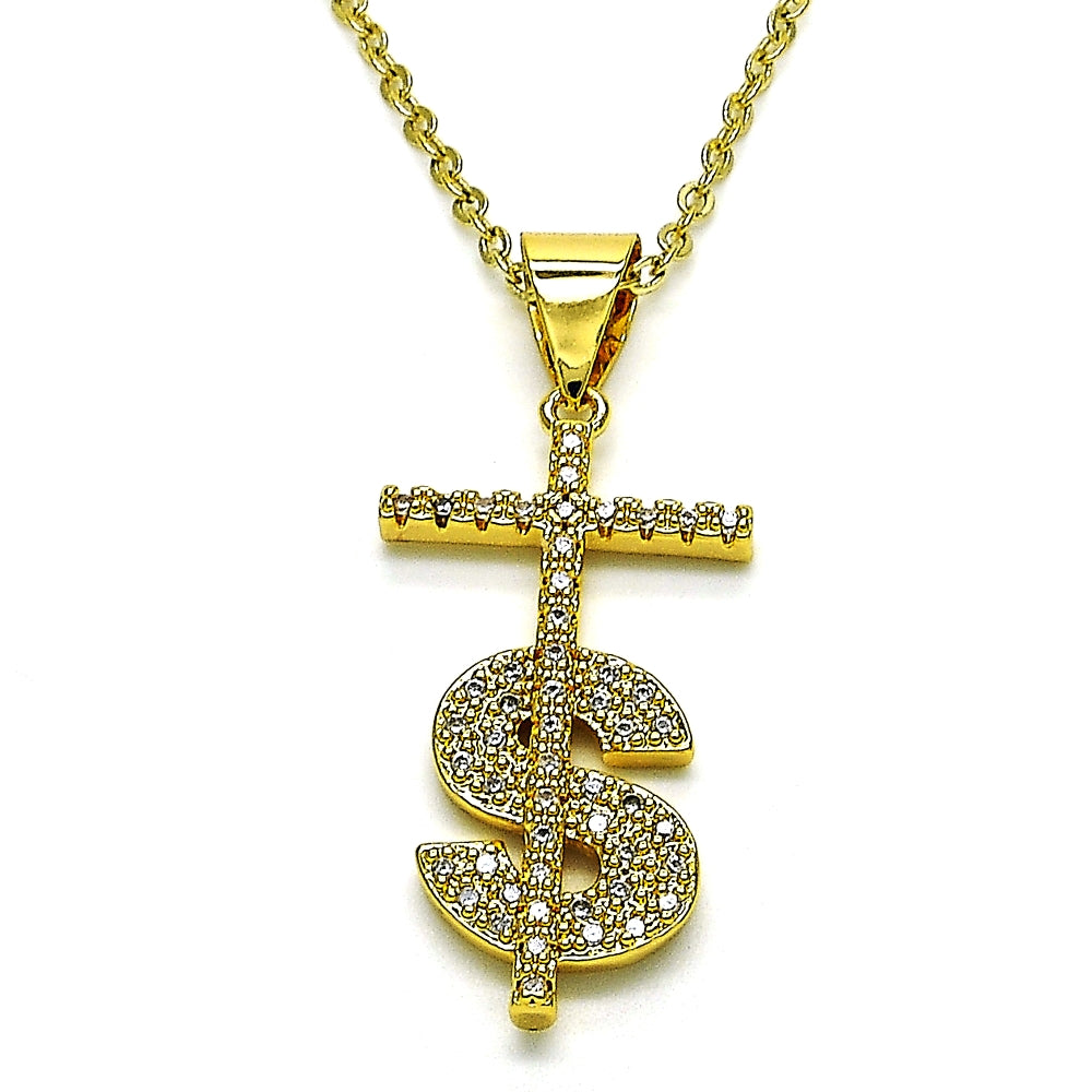 Oro Laminado Religious Pendant, Gold Filled Style Cross and Money Sign Design, with White Micro Pave, Polished, Golden Finish