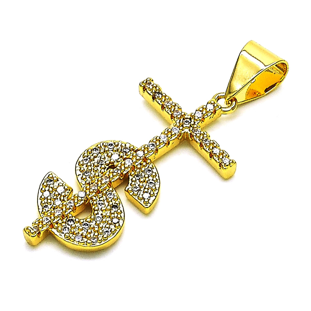 Oro Laminado Religious Pendant, Gold Filled Style Cross and Money Sign Design, with White Micro Pave, Polished, Golden Finish