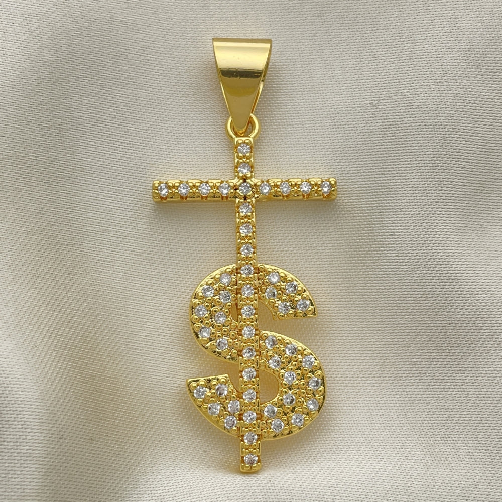 Oro Laminado Religious Pendant, Gold Filled Style Cross and Money Sign Design, with White Micro Pave, Polished, Golden Finish