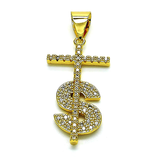 Oro Laminado Religious Pendant, Gold Filled Style Cross and Money Sign Design, with White Micro Pave, Polished, Golden Finish