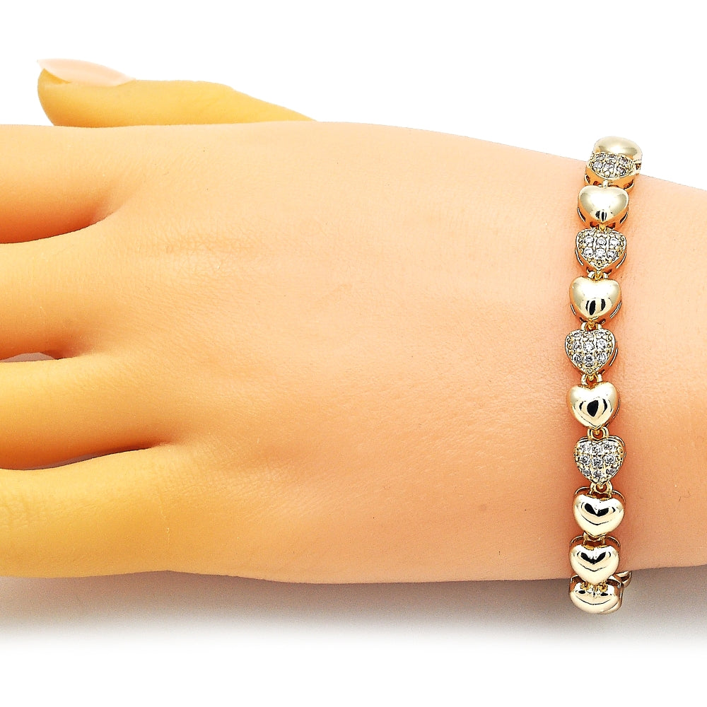 Oro Laminado Fancy Bracelet, Gold Filled Style Heart Design, with White Micro Pave, Polished, Golden Finish