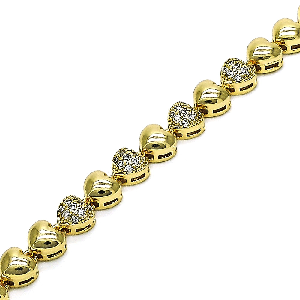 Oro Laminado Fancy Bracelet, Gold Filled Style Heart Design, with White Micro Pave, Polished, Golden Finish