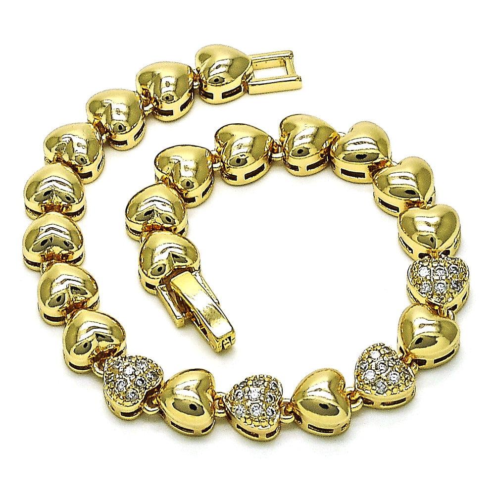 Oro Laminado Fancy Bracelet, Gold Filled Style Heart Design, with White Micro Pave, Polished, Golden Finish