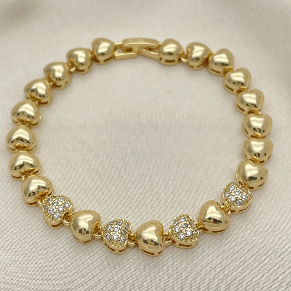 Oro Laminado Fancy Bracelet, Gold Filled Style Heart Design, with White Micro Pave, Polished, Golden Finish