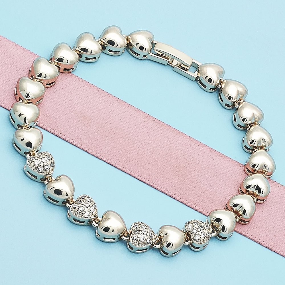 Oro Laminado Fancy Bracelet, Gold Filled Style Heart Design, with White Micro Pave, Polished, Golden Finish