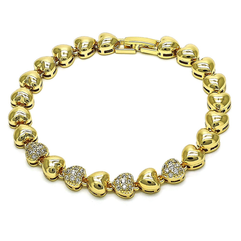 Oro Laminado Fancy Bracelet, Gold Filled Style Heart Design, with White Micro Pave, Polished, Golden Finish