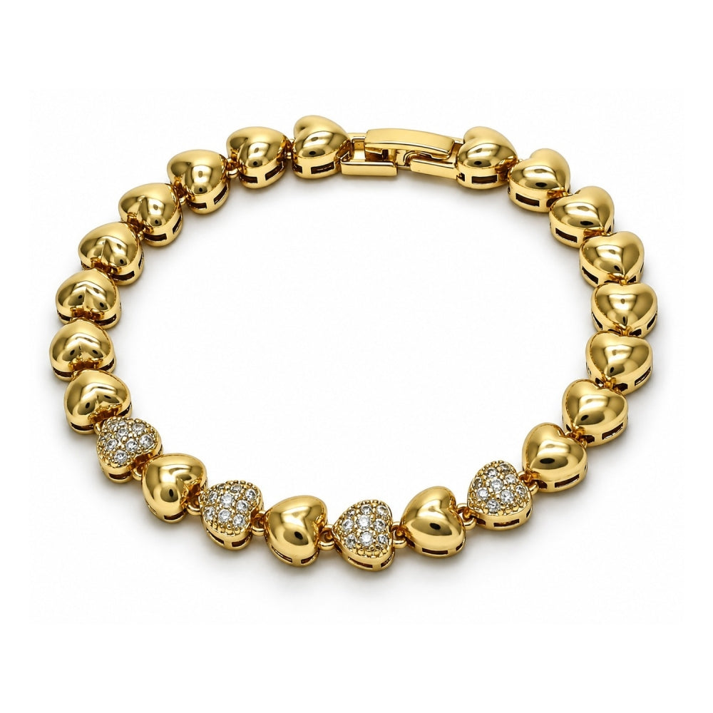 Oro Laminado Fancy Bracelet, Gold Filled Style Heart Design, with White Micro Pave, Polished, Golden Finish