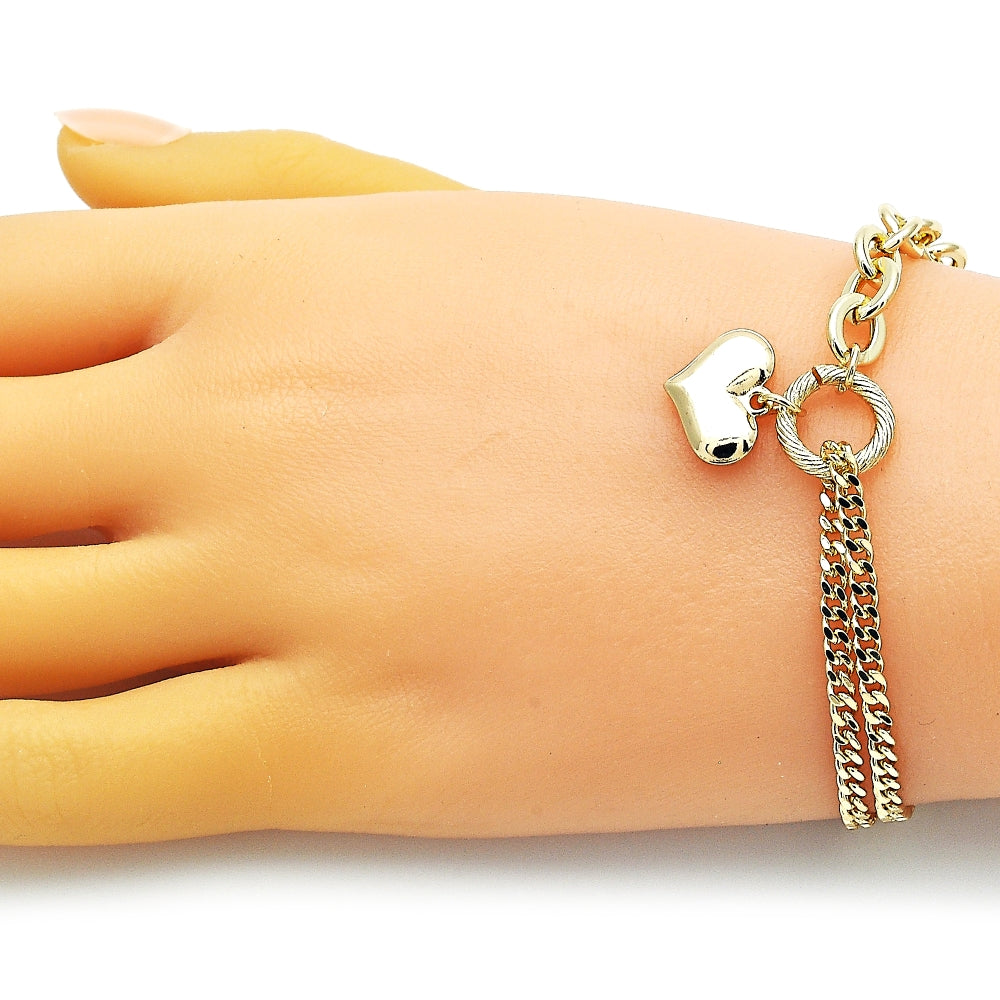 Oro Laminado Fancy Bracelet, Gold Filled Style Heart and Rolo Design, Polished, Golden Finish