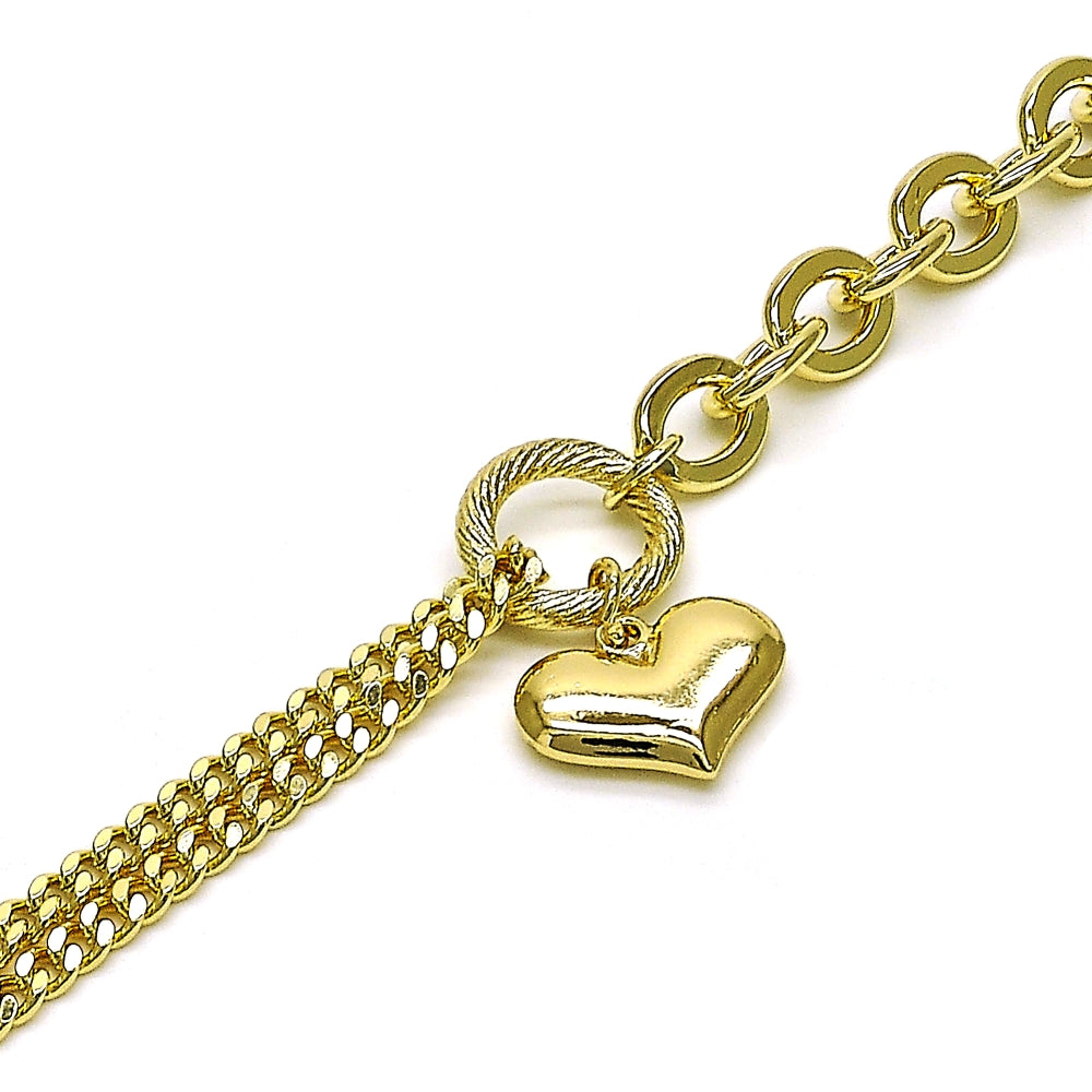 Oro Laminado Fancy Bracelet, Gold Filled Style Heart and Rolo Design, Polished, Golden Finish