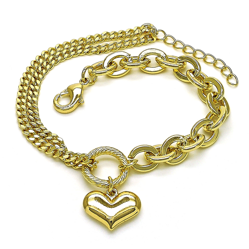 Oro Laminado Fancy Bracelet, Gold Filled Style Heart and Rolo Design, Polished, Golden Finish